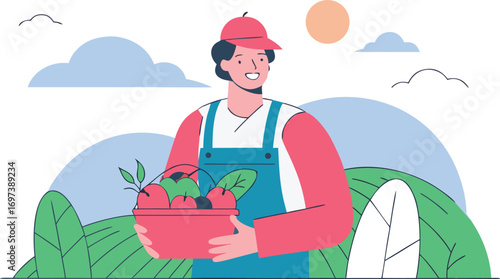 Farmer with a basket of fresh fruits in a field