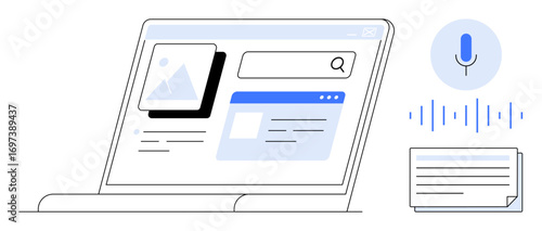 Laptop screen with web content, search bar, voice assistant icon, sound waves, and document. Ideal for technology, user interface, content creation, voice search innovation accessibility