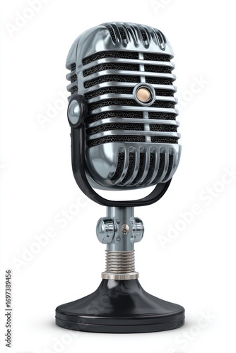 Gleaming silver vintage-style microphone with a rounded base, set against a white background