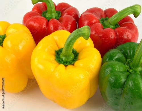 Close-up view of vibrant red, yellow, and green bell peppers, showcasing their diverse colors and textures against a plain background.
