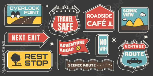 Retro sticker set. Roadside signs with arrows, drivein cafe and scenic view icons on black background. Mid Century 50s travel vibes. Vector illustration
