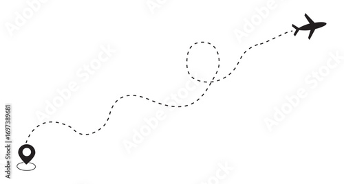 Airplane is in a dotted line. Airplane line path, vector icon of air plane flight route on white background. Vector illustration.