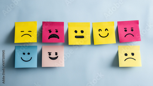 Colorful sticky notes on blue wall with various facial expressions representing emotions and feelings for mental health awareness and communication concepts