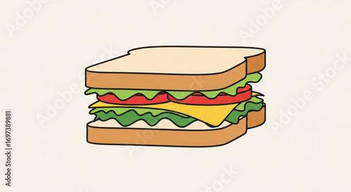 A simple cartoon sandwich with lettuce, tomato, cheese, and bread, minimal design