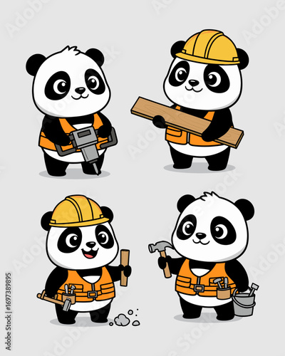 Set of cute cartoon pandas wearing construction uniforms, safety helmets, and holding various building tools while working together happily on a construction site.

