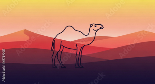 A serene desert landscape featuring a camel silhouette against a backdrop of rolling dunes and a vibrant sunset sky