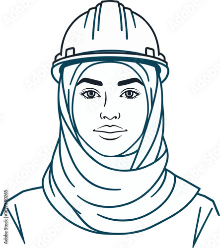 Muslim woman in hijab and hard hat, representing diversity in construction industry. Suitable for promoting inclusive work environments.