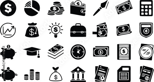 Financial and Business Vector Icon Set for Accounting Investment and Banking Services in Black and White Style Illustration
