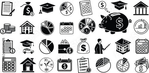 Financial Education and Investment Planning Black and White Icon Set Illustrating Savings Growth and Future Prosperity