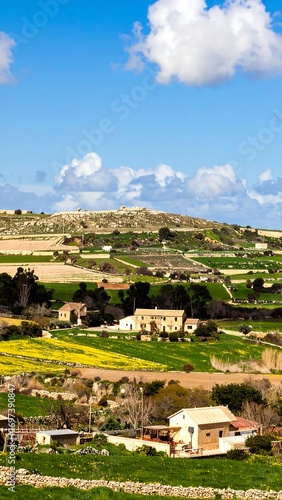 A picturesque rural landscape with scattered farmhouses, vibrant yellow wildflowers, and rolling hills under a clear blue sky dotted with fluffy clouds.