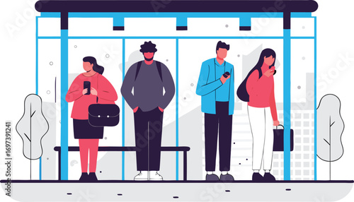 People waiting at a bus stop with minimalist style illustration