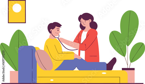 Doctor Examining Patient's Chest with a Stethoscope on a Sofa