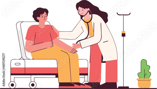Doctor examining a patient in a hospital setting.