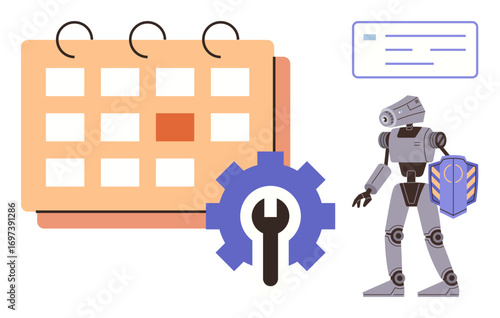 Robot holding a toolbox, gear with a wrench over a calendar. Ideal for automation, repair, scheduling, technology, AI planning, robotics workflows. Simple flat metaphor