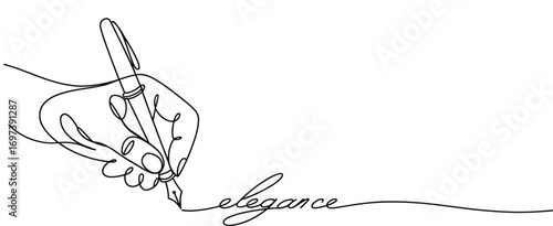 Elegant handwriting with fountain pen, hand sketch drawing, calligraphy style line art, minimal outline, graceful signature design, feminine touch, creative minimalist illustration.