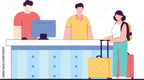 Hotel Reception and Check-in with Staff and Luggage