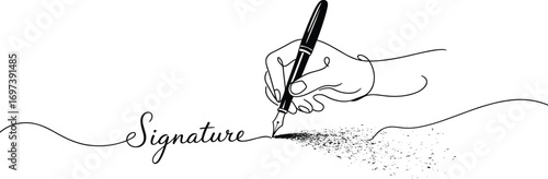 Hand drawing signature with fountain pen, personal signing, document authorization, digital identity, handwritten mark, ink style illustration, line art, creative representation.