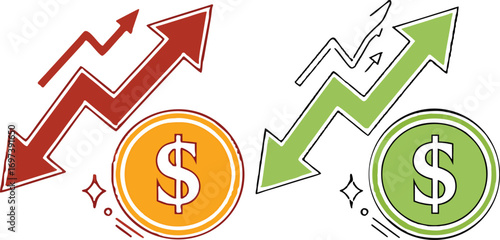 Financial growth with upward trending arrows and dollar coins showcasing positive investment and business prosperity