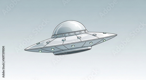 Illustration of a silver flying saucer with a dome on top, rivets, and vents against a gradient gray background