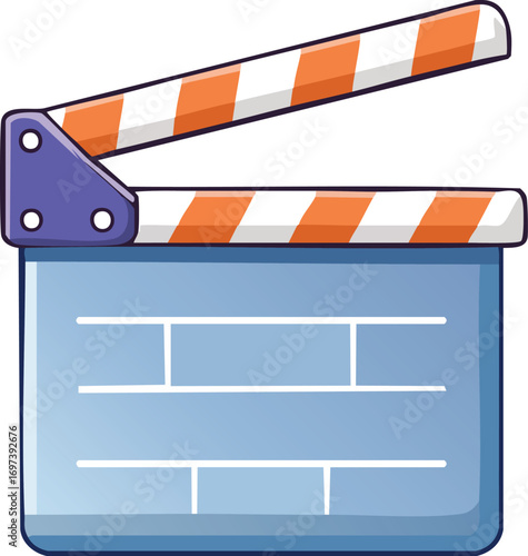 Cartoon illustration of a movie clapperboard, open and ready for action.