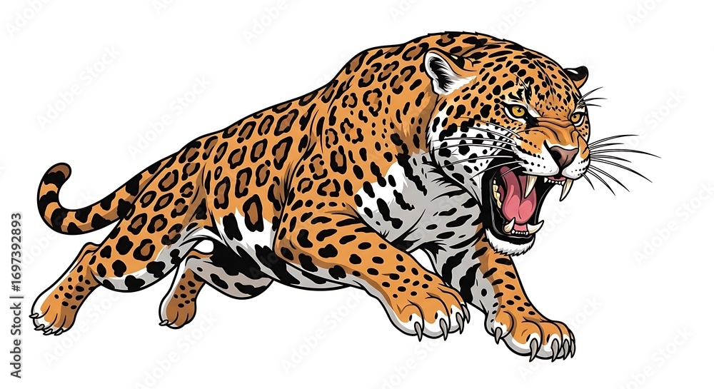 Obraz premium Fierce Jaguar Roaring Aggressively with Open Mouth and Sharp Teeth, Isolated