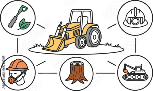 Forestry Equipment and Worker Safety Icons Connected to Loader Tractor in Circular Graphic Representation Illustrating Logging Operations