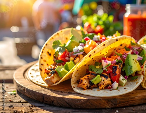 Delicious chicken tacos with avocado and fresh salsa on wooden board close up view