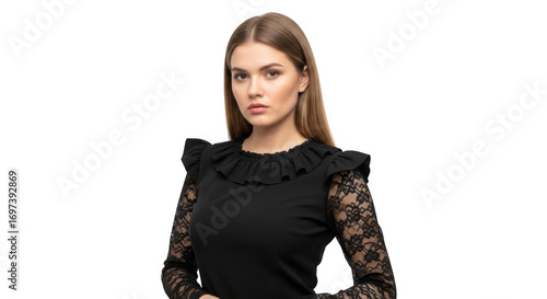 A young woman with long brown hair wearing a black dress with lace sleeves and ruffled neckline, isolated on transparent background