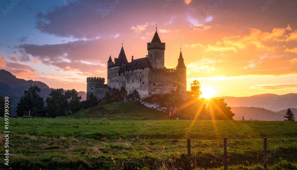 Obraz premium Medieval castle at sunset over rolling hills