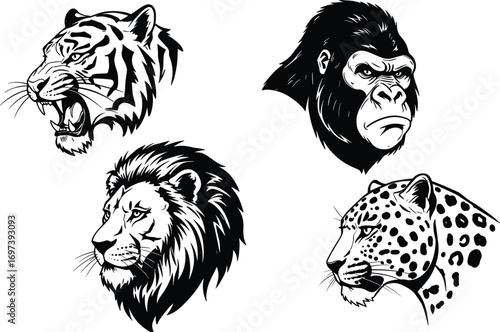 Wild animal head illustrations, roaring tiger, majestic lion, fierce gorilla, spotted leopard, black and white vector, wildlife art