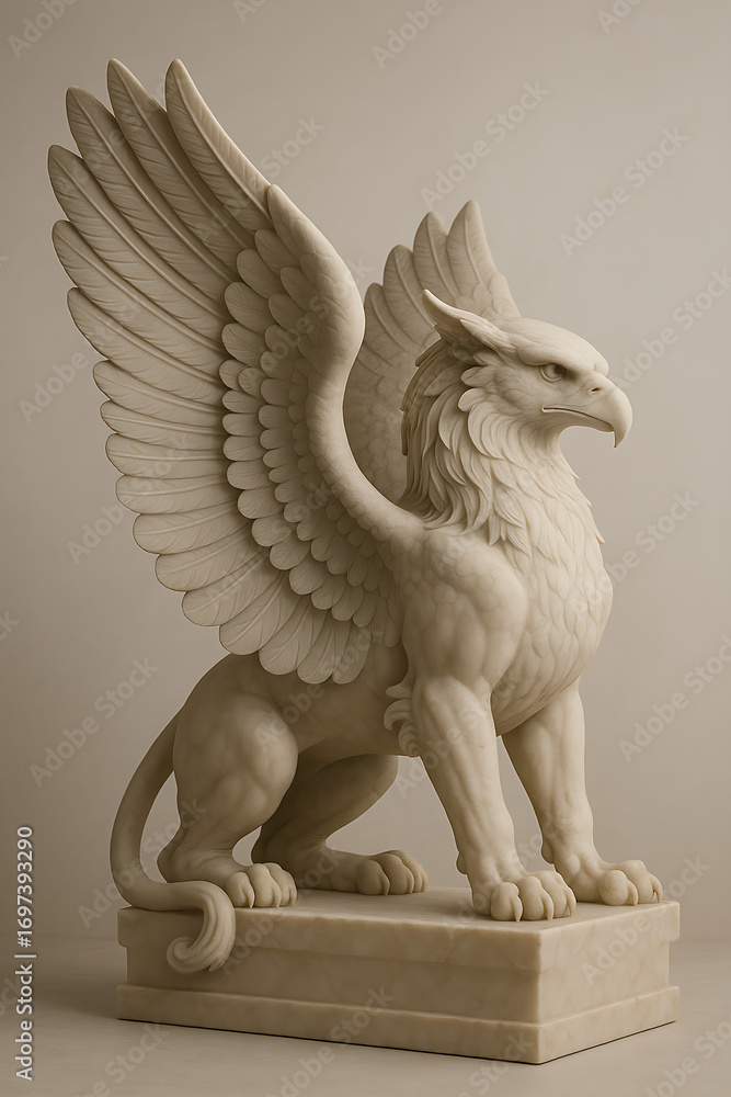 Fototapeta premium Classical white stone statue of a powerful griffin, a legendary creature from ancient mythology, isolated on a neutral background