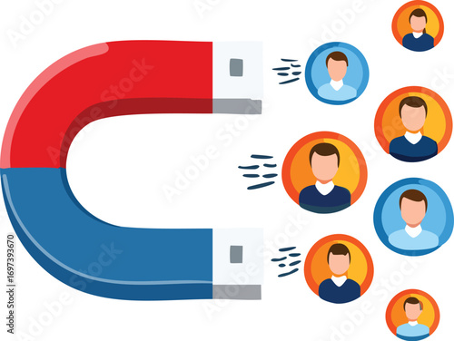 A powerful magnet attracting numerous customer avatars, symbolizing lead generation and audience engagement.