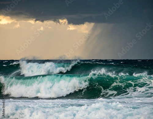 Powerful ocean waves crash against the shore during a stormy sunset, displaying dramatic turquoise and dark-green tones.