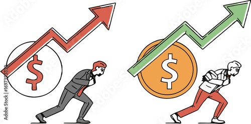 Illustrative depiction of opposing financial scenarios with upward trending arrows and burdened individuals representing financial pressure and relief in business