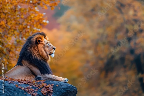 Majestic male lion resting on rock in vibrant autumn forest with warm colorful foliage du daytime, wildlife animal in natural habitat, peaceful scene