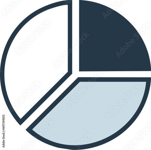 A pie chart graphic with three segments of different sizes and colors, representing proportions.