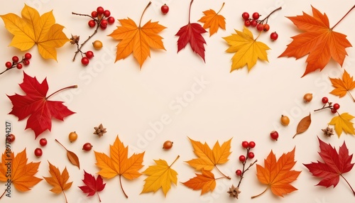 Autumn Leaf and Berry Border Neutral Background