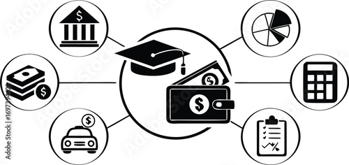 Investment in Education and Finance Planning for Future Goals and Secure Financial Stability Black and White Illustration