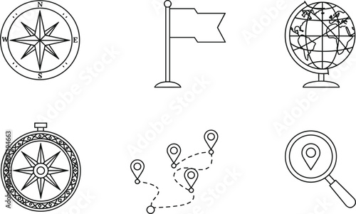 Set of travel and navigation icons including compass, flag, globe, map route with location pins, magnifying glass with location marker for journey planning and exploration