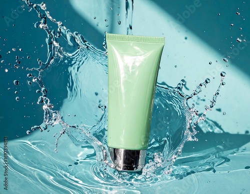 A light teal cosmetic tube is dramatically splashed with water, highlighting its fresh and hydrating qualities.