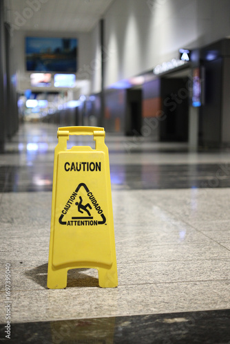 Caution sign slippery floor in the hallway