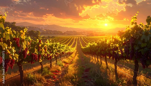 Beautiful vineyard landscape at sunset, wine grapes growing, winery tourism destination