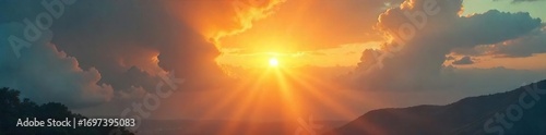Golden sun rays bursting through gaps in clouds, illuminating a serene landscape Perfect for nature, weather, and inspirational themes , atmospheric, sky, dramatic