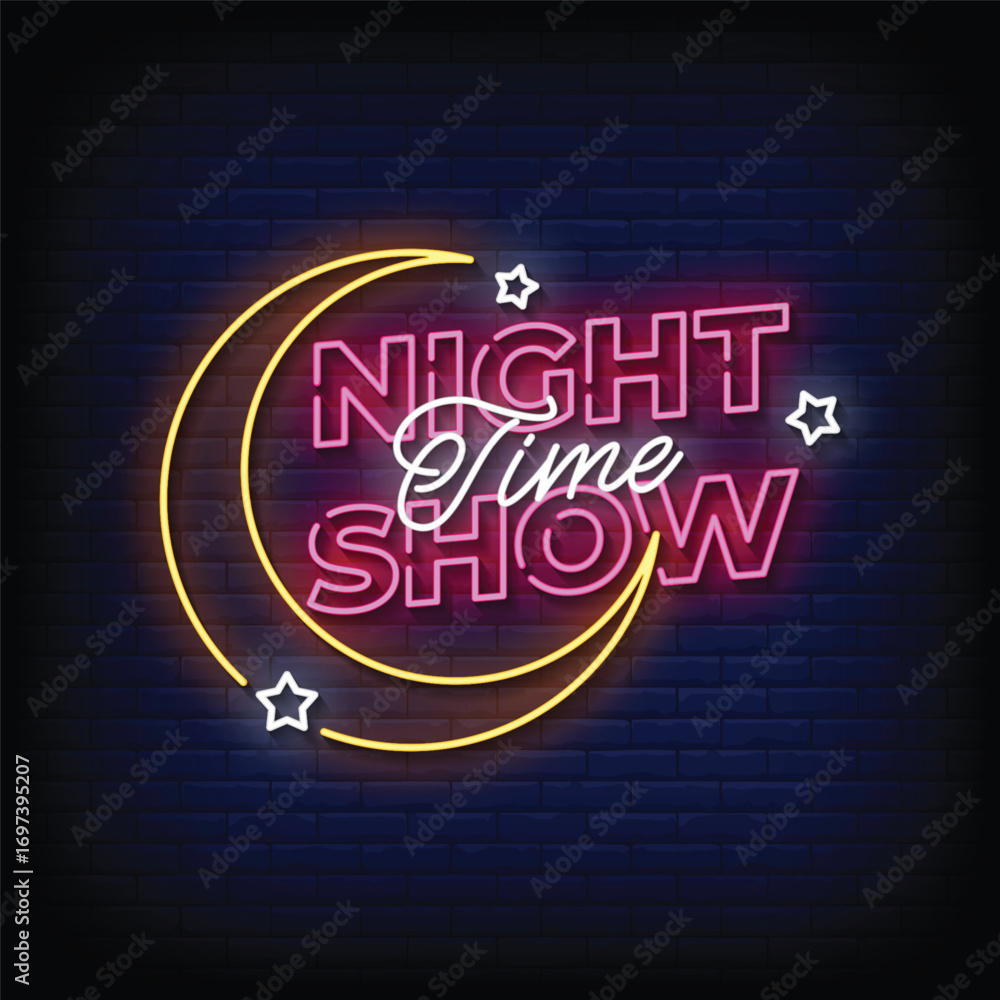 Obraz premium night time show neon signboard with brick wall background vector