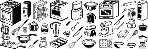 Kitchen Utensils and Appliances Seamless Pattern Vector Illustration Outline Style Doodle Art Great for Backdrops and Culinary Projects