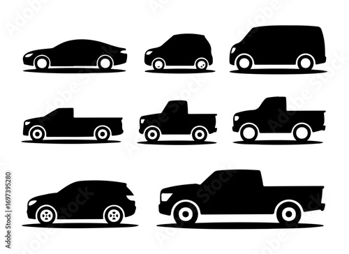 A collection of black silhouette icons representing various types of vehicles, including cars, SUVs, vans, and pickup trucks.
