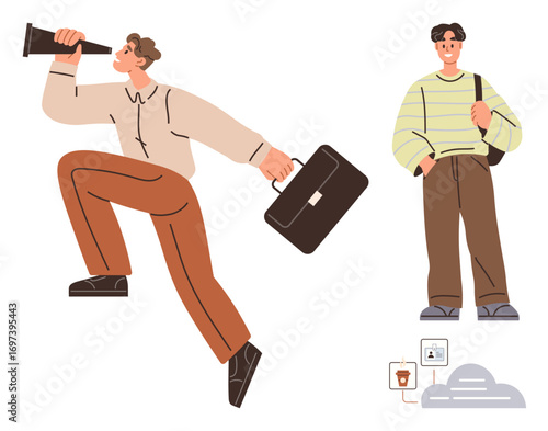 Man with a telescope and briefcase symbolizing career ambition alongside a casual person with digital elements. Ideal for career growth, opportunity pursuit, work-life balance, modern tech, digital