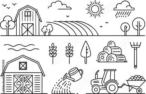 Line Art Farm Landscape Illustration Featuring Barns Fields Sun Rain and Farming Equipment in Vector Style for Agricultural Concepts