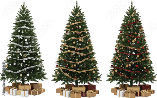 Christmas Tree Set with Gifts, Festive Holiday Decoration, Evergreen with Ornaments, Seasonal Celebration Art, Winter Holiday Cheer, Traditional Christmas Scene, Vector Illustration