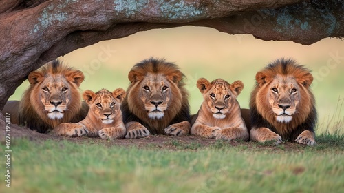 Group of Lions and Lionesses Resting Under Tree in Natural Grassland Habitat Du Daytime with Green Background and Soft Lighting
